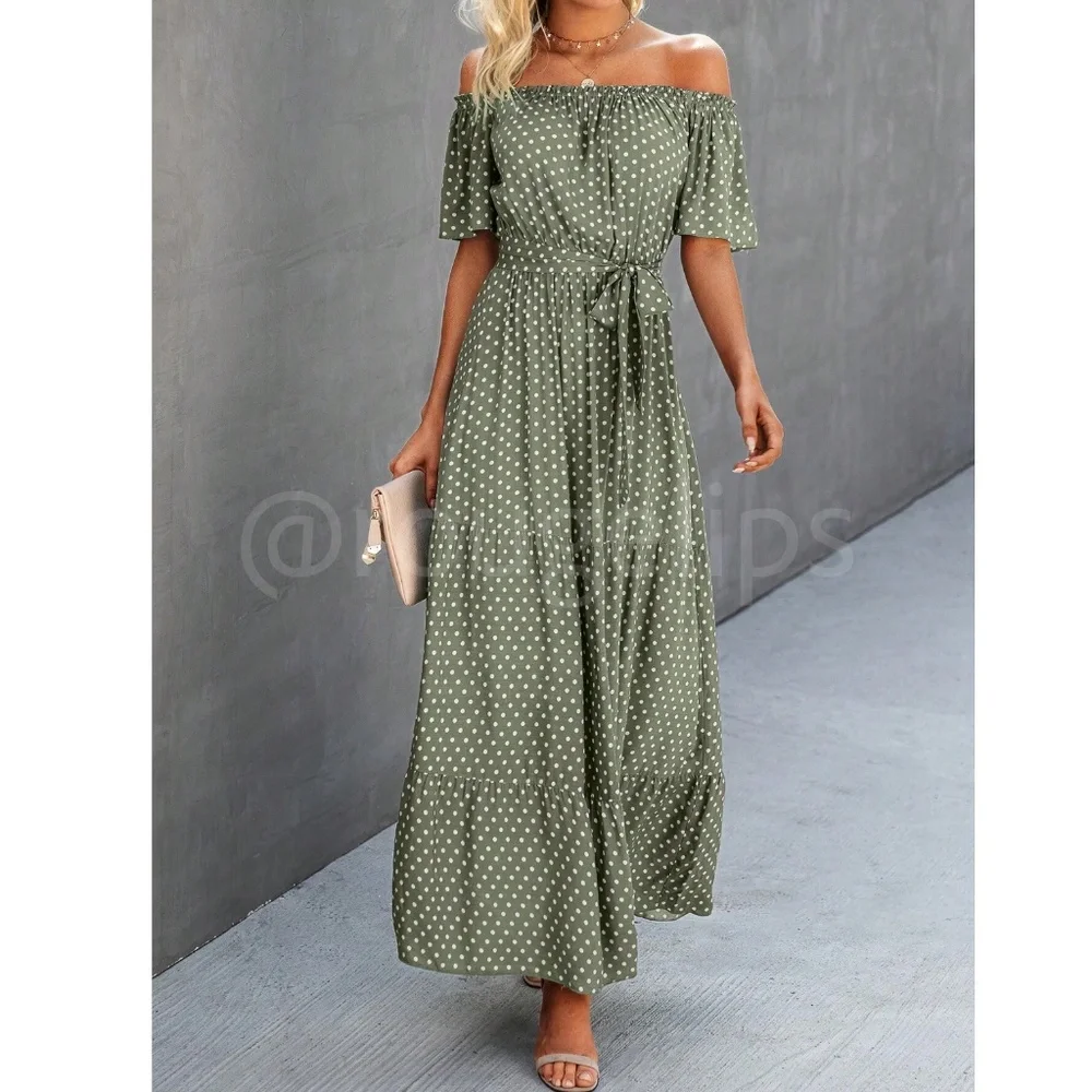 Off Shoulder Green Polka Dot Maxi Dress Flared, Flounce, Long, Belted - Picture 1 of 7